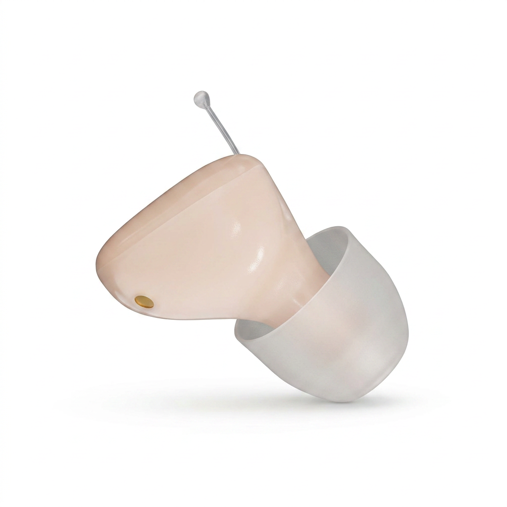 Close-up of discreet Hearivo in-ear hearing aid design