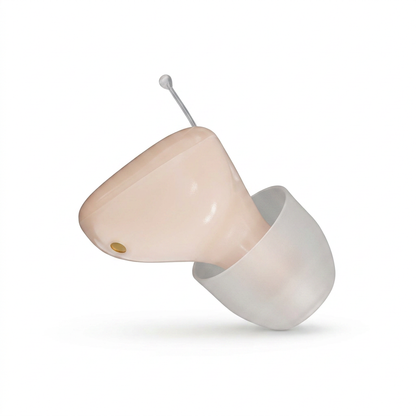 Close-up of discreet Hearivo in-ear hearing aid design