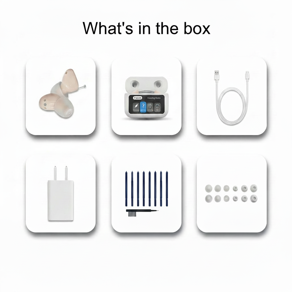 Pair of Hearivo hearing aids inside open charging case