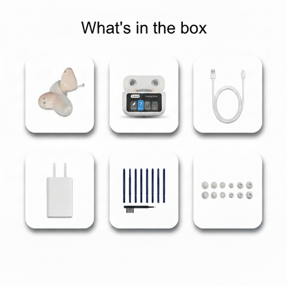 Pair of Hearivo hearing aids inside open charging case