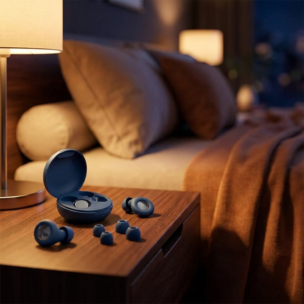 Retelon QuietSeal Earplugs on nightstand - bedtime lifestyle shot