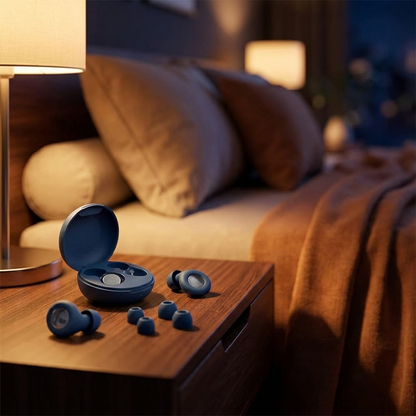 Retelon QuietSeal Earplugs on nightstand - bedtime lifestyle shot