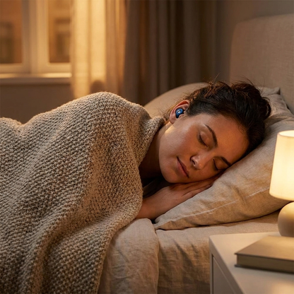 Retelon QuietSeal Earplugs - woman sleeping calmly wearing earplug
